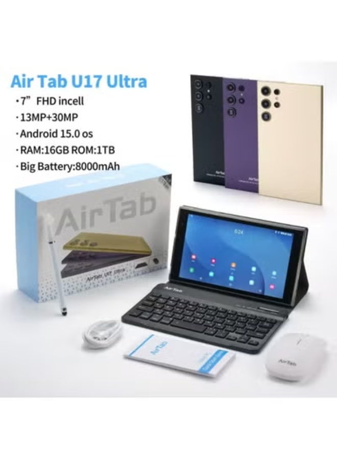 AIR TAB تابلت U17 ألترا أندرويد 15 بشاشة HD مقاس 7 إنش | 16 جيجابايت RAM + 1 تيرابايت ROM | معالج ثماني النواة | بطارية 8000 مللي أمبير | تابلت واي فاي مع لوحة مفاتيح وقلم | تابلت خفيف الوزن للدراسة والعمل وتعلم الأطفال - Image 2